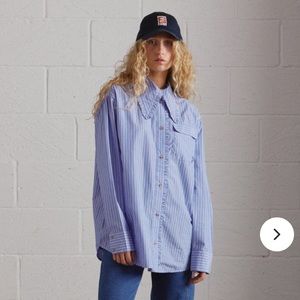 NWT London Brand Damson Madder Oxford Button Down Shirt Ruffle Collar UK 10 US 6